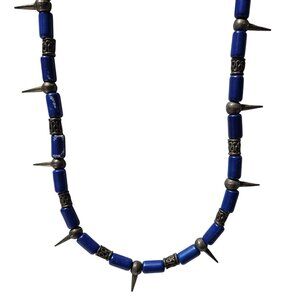 Edgy Punk Blue Spike Beaded Necklace Antique Silver Tone Accents Fashion Jewelry